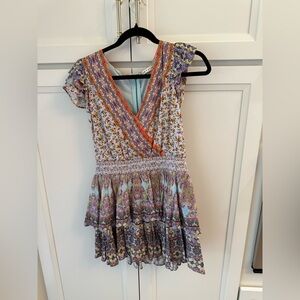 Alice + Olivia Purple Multi Floral Paisley V-Neck Tiered Mini Dress